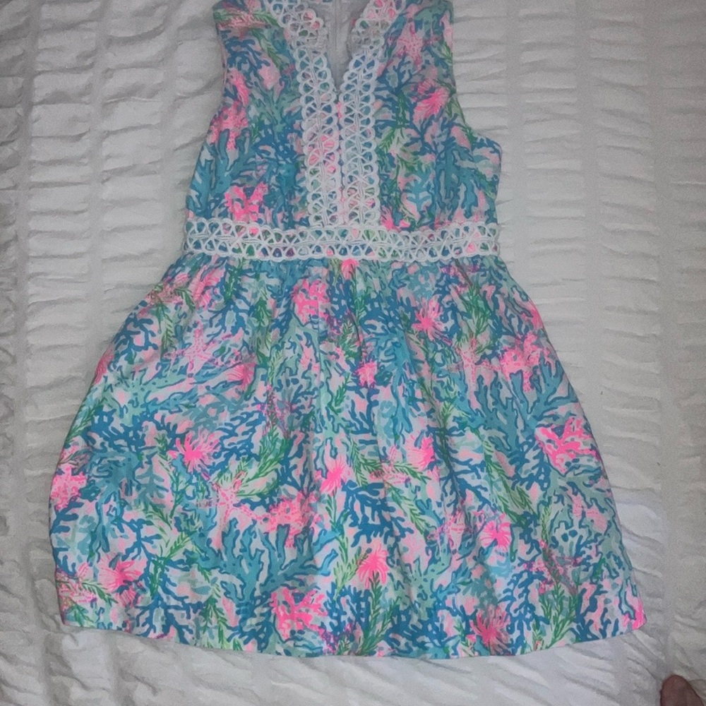 Lilly Pulitzer GIRLS MINI FRANCI DRESS Coral Bay Small Blue Pink 10